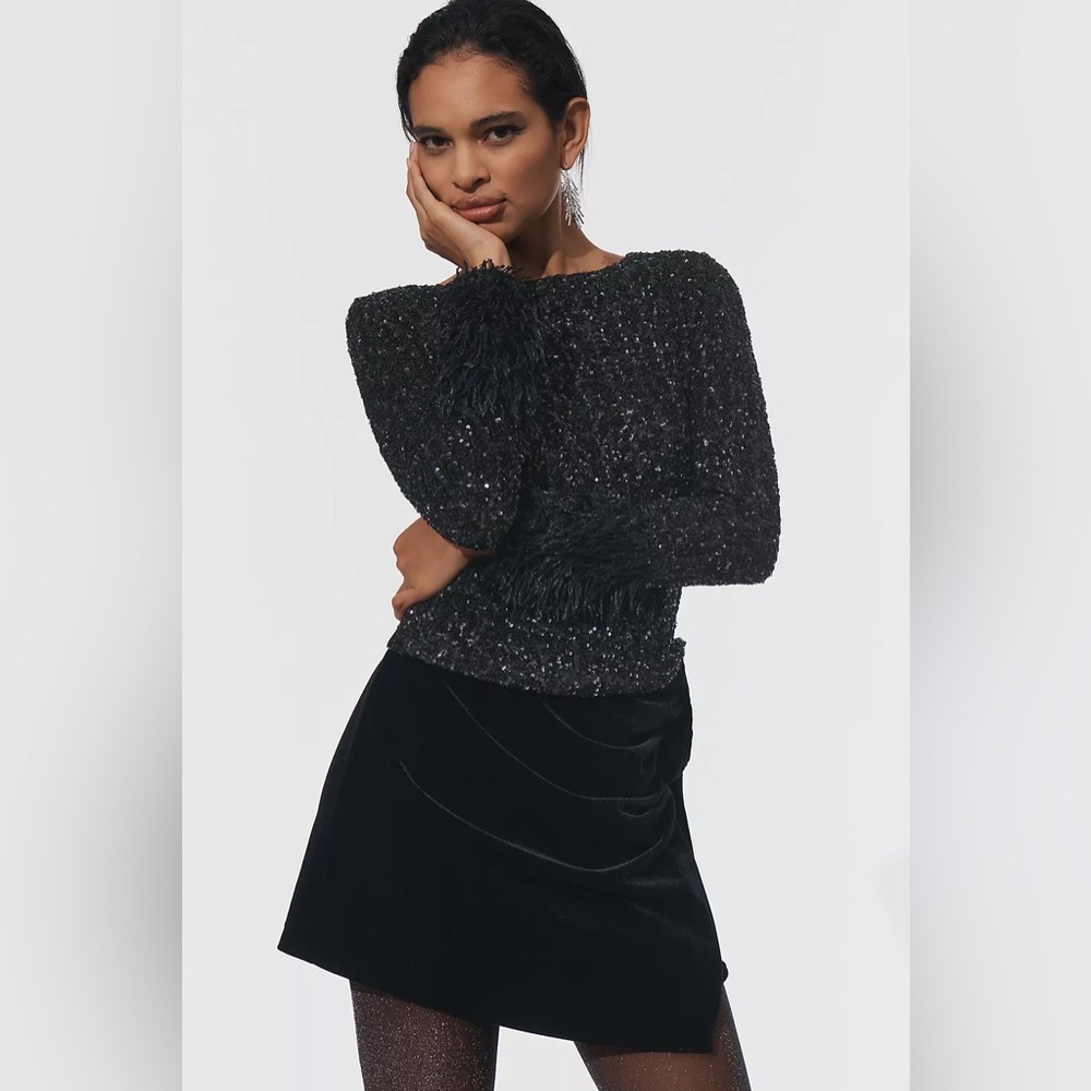 NWOT Anthropologie Maeve Faux Fur Sleeve Sequin Top Feathers Black